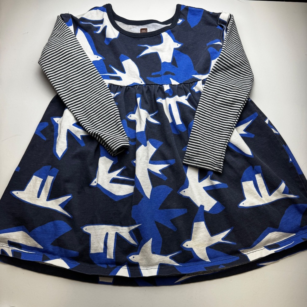 Tea Collection Girls Size 4 Navy BlueBird print Striped Long Sleeve Cotton Dress